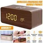 Digital Alarm Clock Wooden Table Desk Bedside LED Clock With Wireless Charger AU
