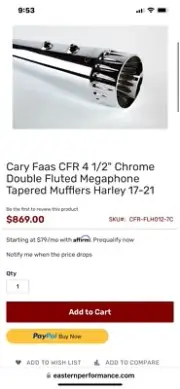 Cary Faas CFR 4 1/2" Black Double Fluted Megaphone Tapered Mufflers Harley 17-21