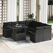 Black Poly Rattan 9 Piece Outdoor Couch Set with Cushions, Sofa, Chair, Lounge & Reading for Balcony, Room and Garden
