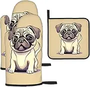 Funny Cartoon Pug Puppy Dogs Print Cooking Oven Mitts and Pot Holders Set Heat Resistant Nonslip Waterproof Baking
