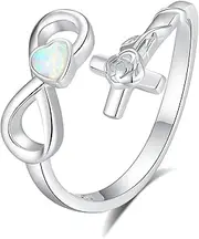 [YLT] Inspirational Jewelry 925 Sterling Silver Opal Cross Adjustable Infinity Ring for Women Girl, Sterling Silver, Opal