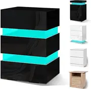 ALFORDSON LED Bedside Table High Gloss Nightstand Cabinet with 3-Drawer Wooden Bedroom Furniture Storage Cabinet Chest Sofa Side End Table for Hallway, Bedroom and Living Room (Annot Black)