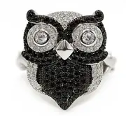 Owl 2CT Treated Black Sapphire & Topaz 925 Sterling Silver Ring Jewelry Sz 6