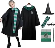 AUTOWT Kids Wizard Cloak Costume Set, 6Pc Magician Robe Outfits with Hooded Cape Hat Wand Scarf Glasses Tie Movie Dress Up Accessory Boys Girls School Carnival Halloween Cosplay