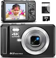 4K Digital Camera, 64MP 2.8 Inch UHD Compact Cameras - Auto Focus Rechargeable Vlogging Camera with 32GB Card & Battery, Portable Travel Cameras with 16X Digital Zoom for Children Beginners Teenagers