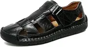 [XOEKD] Men's Genuine Leather Handmade Hook Loop Fisherman Sandals Comfortable Hollow Non-Slip Walking Flats Slip On Closed Toe Soft Sole Breathable Summer Loafer Sandals