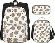 Cute White Rabbit Lightweight Waterproof Backpack (3-Piece Set) with Lunch Bag, Pencil case for Office School, Cookies Food Chocolate Chip Biscuits, One Size