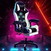 Furb Gaming Chair with RGB LED Lights and 7-Point Massage, Ergonomic Computer Gaming Chair with Footrest & Lumbar Support, High Back PU Leather Desk Chair Game Chair for Home Office,White