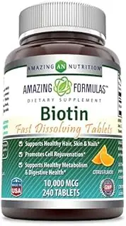 Amazing Formulas Biotin Fast Dissolving Tablets - 10000 MCG Tablets - Supports Healthy Hair, Skin & Nails - Promotes Cell Rejuvenation - Supports Healthy Metabolism (240 Count, Citrus Flavor)