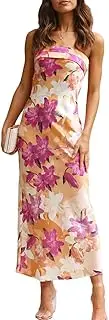 [Realtix] Satin Silk Backless Tube Tops Maxi Dress for Women Low Back Hollow Out Elegant Strapless Long Dresses Wedding Guest