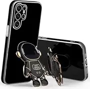 for Samsung Galaxy S23 Ultra Case Cute Hidden Astronaut Kickstand with Camera Protection,Plating Glitter Soft TPU Spaceman Folding Bracket Phone Case for Samsung S23 Ultra Black