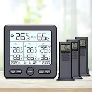 Weather Station, Weather Station with 3 Outdoor Sensor, LCD Display Digital Indoor Outdoor Thermometer Hygrometer, Transmission Distance 100M, Alarm Function, 7 Languages, Clock Display Black