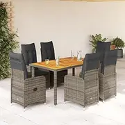 7 Piece Garden Bistro Set with Cushions Grey Poly Rattan, Furniture Sets, Patio Furniture