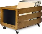 Navaris Wood Record Crate with Wheels - Vinyl Album Storage Holder Box Brown