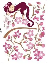 Monkey sleeping in pink blossom tree wall sticker - AW8091