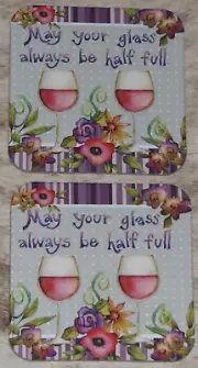 LEANIN TREE "Glass Always Half Full"~Set 2 Coasters~Cork Back~3.75"x3.75" #62431