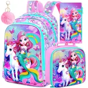 3 Piece Mermaid Backpack Set For Girls 16 Inch Water Resistant Kids Bookbag With Lunch Box L For Elementary School