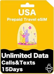 USA & Hawaii Prepaid Travel eSIM Card - Unlimited 5G/4G Speed Data, Unlimited National Calls and Texts for 15 Days - T Mobile