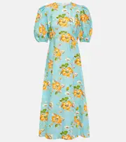 [Alemais] Alémais Floral puff-sleeve linen midi dress UK 6 blue
