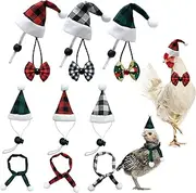 CooShou 12Pcs Christmas Chicken Hat Scarf Bowtie Set Mini Santa Plaid Hat Scarf Xmas Small Animal Red Green Gray Hat with Adjustable Chin Strap for Hen Bunny Guinea Pig Hamster