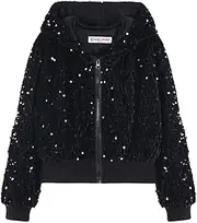 [WELAKEN] Girls Sequin Jacket for Kids Glitter Long Sleeve Zipper Cropped Bomber Jacket
