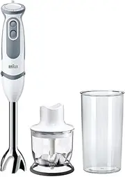 Braun Household MQ5220WH Hand Blender - MultiQuick 5 Vario Purée Stick with Stainless Steel Mixing Base, 1000 Watt, Includes 2-Piece Accessory Set, White/Grey