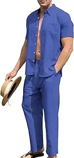 [URRU] Men’s 2 Piece Linen Outfit Summer Beach Short Sleeve Button Down Shirt and Pants Set, Royalblue, Small