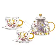 Ashdene Pressed Flowers Glass Teapot & 2 Teacup Set - Robins Kitchen