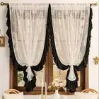 White Flower Jacquard Tulle Curtain Black Ruffled Lace Sheer Drapes Window Decor