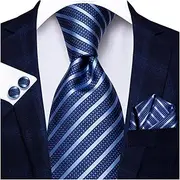 [VSOLS] Men's Blue Black Striped Tie 3.4" Tie Pocket Square Cufflinks Wedding Party Silk Tie Set (Color : SN-0337, Size : 59.06 * 3.35in)