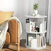 Hbluefat Rotating Bookshelf, 2-Tier Revolving 360 Display Wood Bookcase, Small Round Swivel Standing Book Shelf Tower for for Bedroom, Living Room, Study Room (White1)