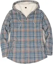 [Lisskolo] Women Sherpa Flannel Jacket Warm Fleece Lined Plaid Full Zip Flannel Shirt Jacket with Hood