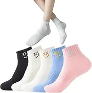 [Mokde Mondge] 5 Pairs Women's Mini Crew Ankle Socks Athletic Running Socks Casual Embroidery Cotton Socks for Womens Socks