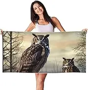 JHLMN Microfiber Sand Free Beach Towel Thin Quick Dry Super Absorbent Large Lightweight Towels Ultra Soft Bath Towels Owl Sitting Tree Fence Compact Gym Towel for Adult Travel Camping Gift