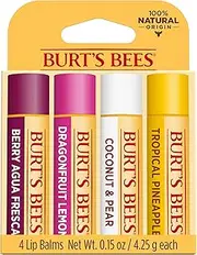 Burt's Bees 100% Natural Origin Moisturising Lip Balm Set, Tropical Pineapple, Berry Agua Fresca, Dragon Fruit Lemon and Coconut and Pear, 4 Tubes