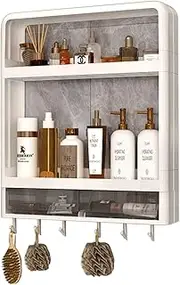 2-3 tier Floating Cosmetic Storage Rack, Bathroom Shower shelves with towel bar & mobile hooks, Punch-Free Toiletry Organizer Cabinet (Color : White, Size : 40 * 10 * 45.5cm)