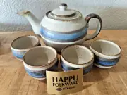 NEW HAPPU Otagiri Horizon Teapot & Sake Tea Cups Blue Brown Stoneware Japan