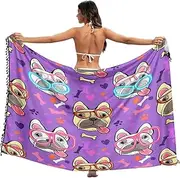 [RPLIFE] Cute Cartoon French Bulldog Purple Sarong Coverups for Women, Beach Sarong Cover Up Women, Pool Sarong, Summer Wraps, Cute Cartoon French Bulldog Purple, Medium