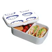 Lunch Box Food Container Snack Picnic Authentic Wood Strap Cutlery Blue Clouds