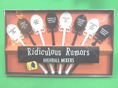 NEW Vintage SIZZLE STICKS RIDICULOUS RUMORS Set OF 8 Highball Mixers FUNNY