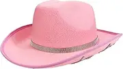 [Wovella] Pink Rhinestone Cowboy Hat with Star Decoration Wide Brim Sun Hat for Women Comfortable Durable Felt Pink Cowgirl Hat with Chin Strap Perfect