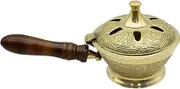 Premium Brass Golden Loban Dhoop Burner with Wooden Holder | Dhoop Dhuni Sambrani Stand | Bakhoor Holder for Fragrance and Spiritual Aroma for Home, Temple, Prayer Room - Pack of 1 Incense Burner