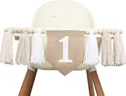 BOOMPA White 1st Birthday High Chair Banner - Wood Bead Tassel Garland - Pure Angel 1st Birthday Photo Backdrop - Wall Hangings Decorative for Kids Bedroom Nursery