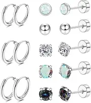 [Jstyle] Surgical Steel Earrings for Sensitive Ears Hypoallergenic 20G Stainless Steel Stud Hoop Earrings for Women Men Small Ball Opal CZ Surgical Steel Flat Back Earrings Cartilage Earrings Hoop Studs