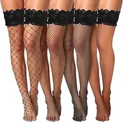 [Ptwola] 4 Pairs Fishnet Thigh High Stocking Women's Lace Thigh Knee High Fishnet Stockings Top Sheer Over Knee Silky Stockings Black Stay Up Tights Fish Net Pantyhose for Role Playing Rave Outfits