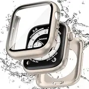 [Zumyzu] 2 in 1 Waterproof Case Compatible with Apple Watch 40mm Series 6/5/4/SE with Tempered Glass Screen Protector, Full Coverage Bumper Cover for iWatch Case 40mm Starlight