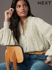Ecru Long Sleeve Ladder Insert 100% Cotton Blouse (E47832) | $59