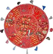 Round Floor Pillow Cushion Bohemian Patchwork Pouf Ottoman Vintage Indian Foot Stool Bean Bag Floor Pillow Cover Home Decor, Living Room Ottoman, Bohemian Pillows 17 Inches (Red)
