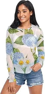 [RPLIFE] Blue Hydrangeas White Mesh Top Women Long Sleeve, Party Shirts for Women Elegant S-XXL