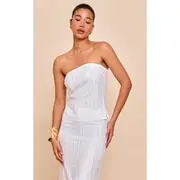 White Textured Frayed Bandeau Top, White
